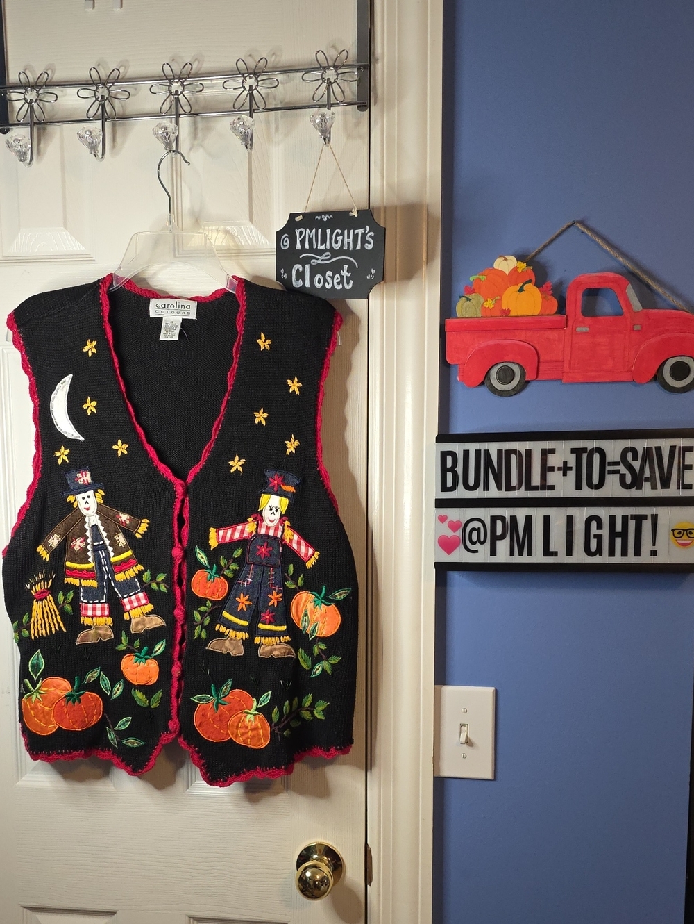 Carolina Colours XL Black & Orange Pumpkin Scarecrow Sweater Vest Vintage